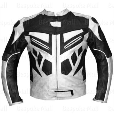 New Mens White Black Motorcycle Motorbike Cowhide Leather Jacket Safety Pads-396