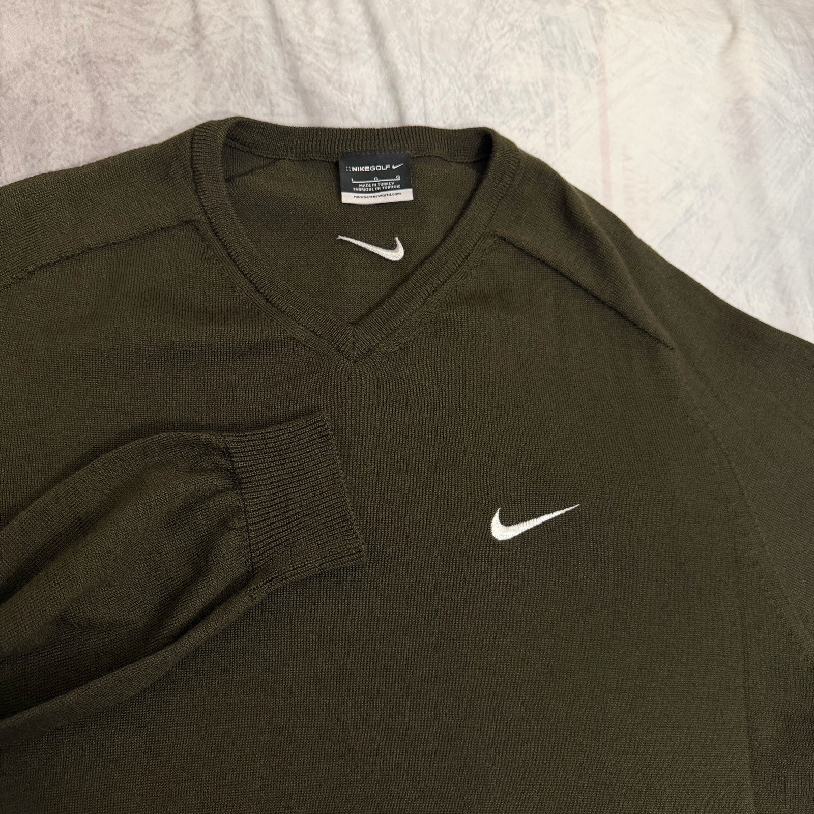 NIKE Golf Sweater Mens Large Dark Olive Wool Blend  Pullover Jumper Swoosh