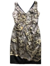 T tahari Women 2 Bronze/gold Floral Satin Sleeveless V  Cocktail Sheath Dress N