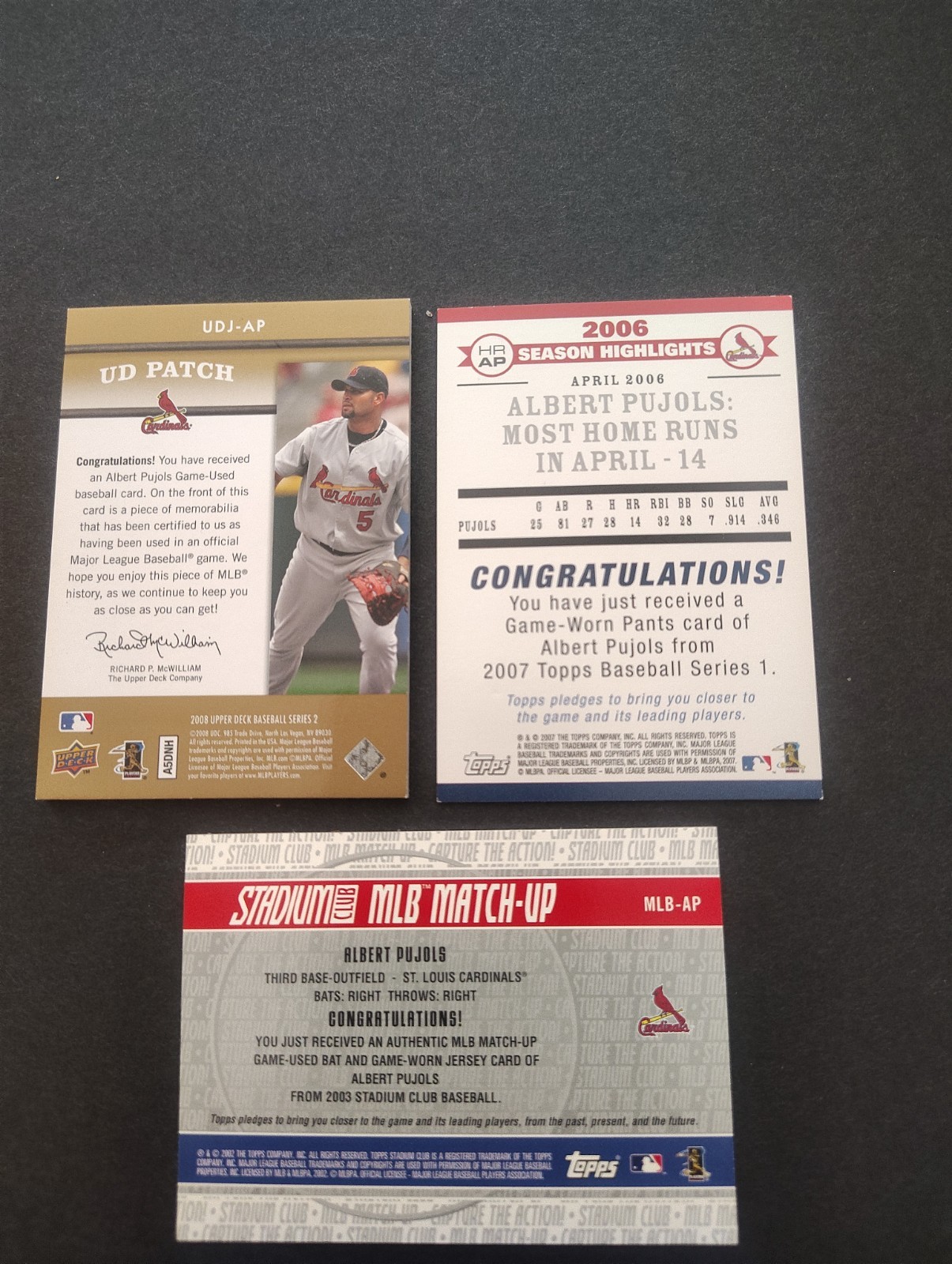 ALBERT PUJOLS PATCH & GAME WORN/USED BASEBALL (3) CARD LOT*ALL BEAUTYS!!!!! view 2