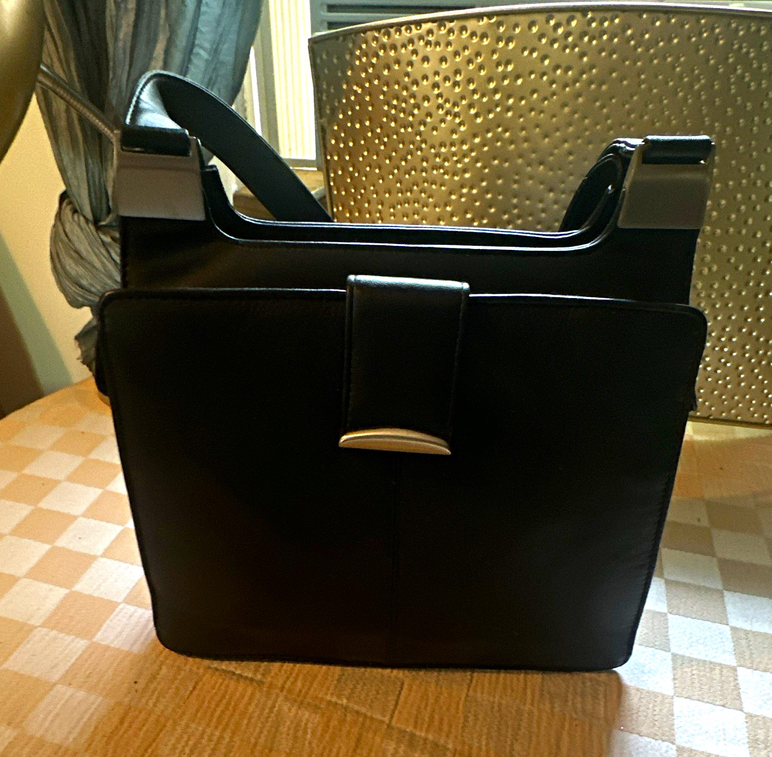 Black Women’s Satchel Top Handle Bag Solid Rectangle Zip & Snap Silver Hardware