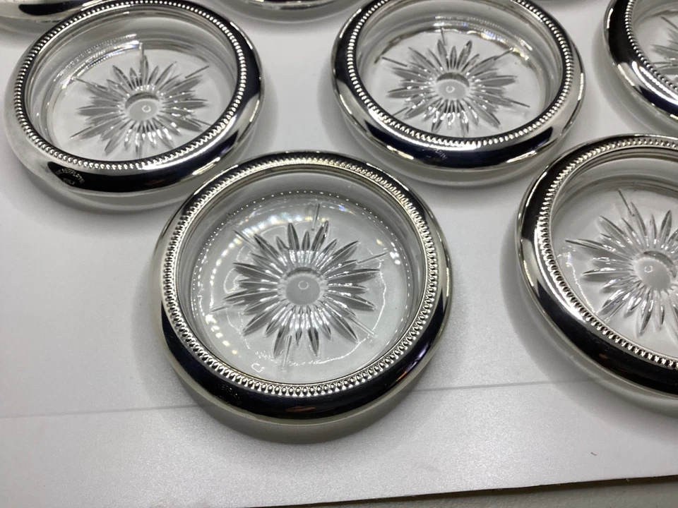 Vintage Italian Glass Starburst Coasters Silver Plate Beaded Rims Set of 8 - Image 2 of 4