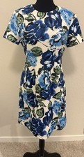 Halston Floral Short Sleeve A-Line Sheath Midi Dress in Blue,White &Green Size 4