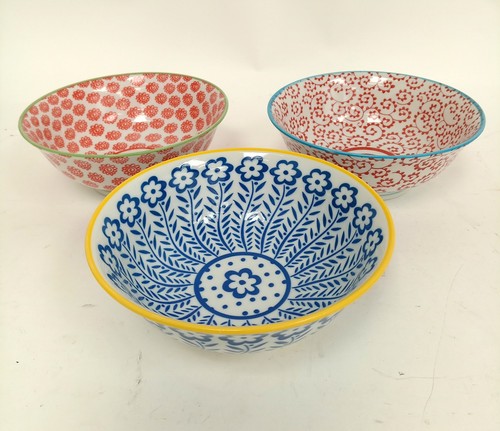 3 Anthropologie Elka Ayaka Wide Bowls Multicoloured Floral Design 21cm Wide GC