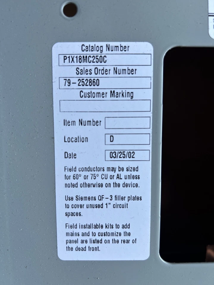 Nuevo panel interior Siemens 250 amperios terminal principal 208Y/120 VAC 3P/4W P1X18MC250C Foto 2 de 2