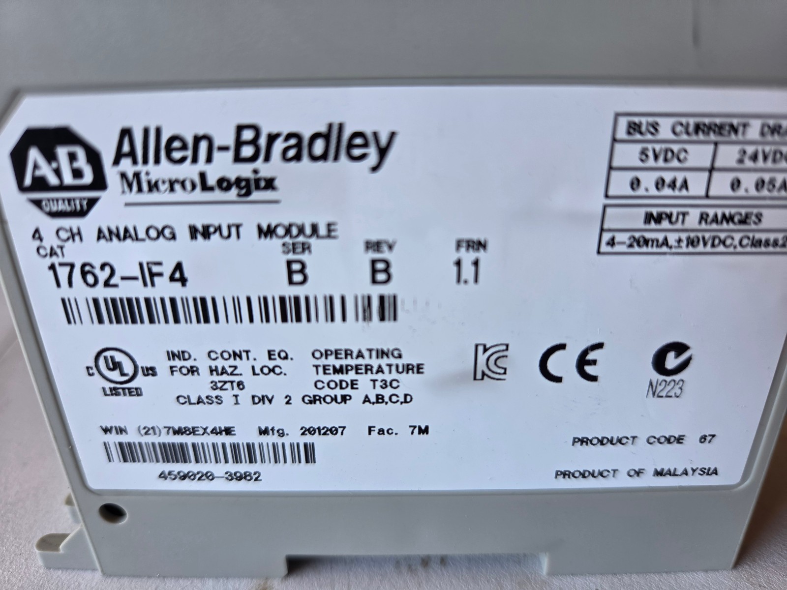 Allen-Bradley 1762-IF4 MicroLogix 4-Ch Analog Input Module Used