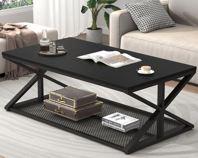Couchtisch schwarz mit Stauraum, modern Holz Metall Rechteck Wohnzimmer