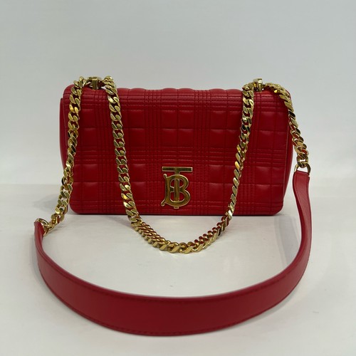 Burberry Lola Bright Red Crossbody Shoulder Bag Quilted Lambskin Leather Auth