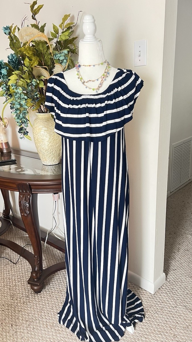 blue striped off the shoulder dress EXIST Navy White Off-Shoulder Maxi XL Nautical Boho Ruffle Sheer Corset Mini Dress Wednesday is back shoulder sleeves Maternity Size:L