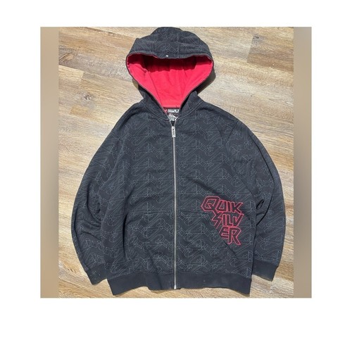 Quiksilver Y2K AOP Full Zip Hoodie Jacket Mens XL Black Red Grey Embroidered