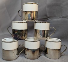 Set Of 6 Brazil Silver Rim White Demitasse Porcelain Espresso Cups & Holder NoS