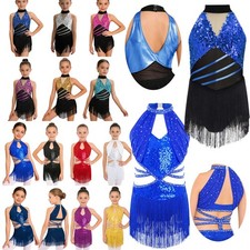 Kids Girls Sequin Latin Dance Dress Fringe Bodysuit Cha Cha Salsa Tassel Dress