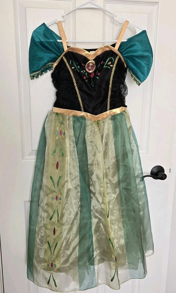 Disney Store Frozen Anna Coronation Dress Girls 7/8 Green Black Gold Gown - Image 2 of 4