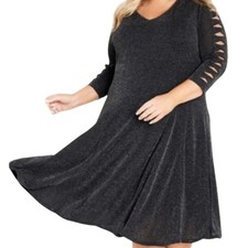 Evans Plus Size Glam Sleeve V-Neck Dress in Black Silver