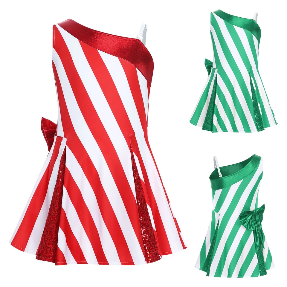 Girls Xmas Dress Costume Christmas Party Candy Cane Performance Metallic Bow - Image 2 of 4