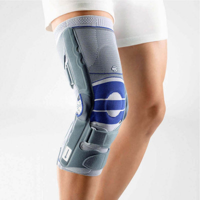 Bauerfeind Softec Genu Titan Knieorthese links zur Stabilisierung Blau/Grau