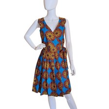 African Ankara Wax-Print Wrap Dress Size S/M Handmade Pockets Blue Multi NEW
