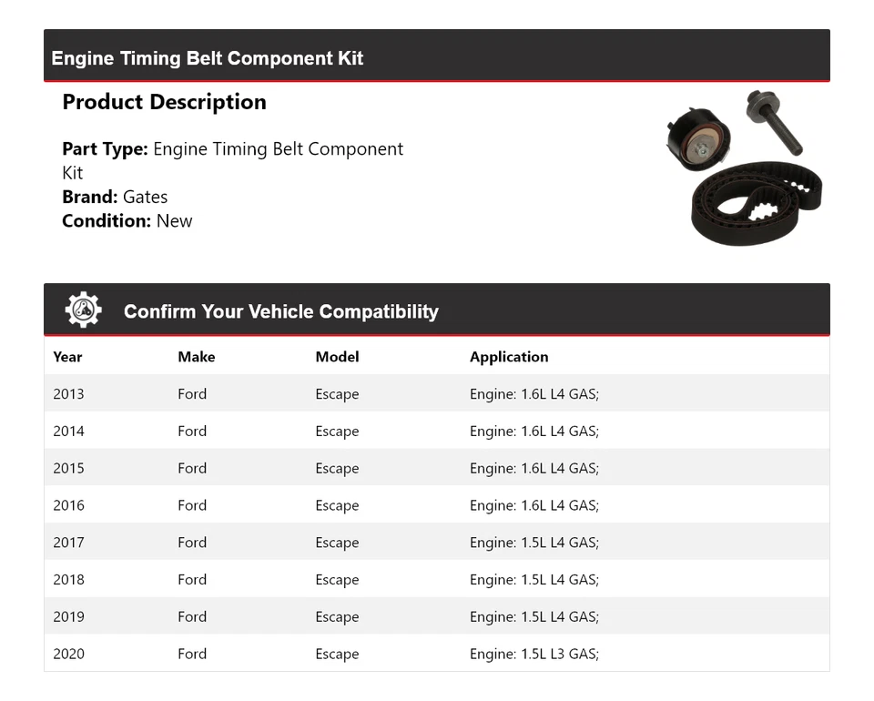 Комплект компонентов ремня ГРМ для двигателя Ford Escape 2013-2020 годов выпуска ворота 2014 2015 2016 - Изображение 2 из 3