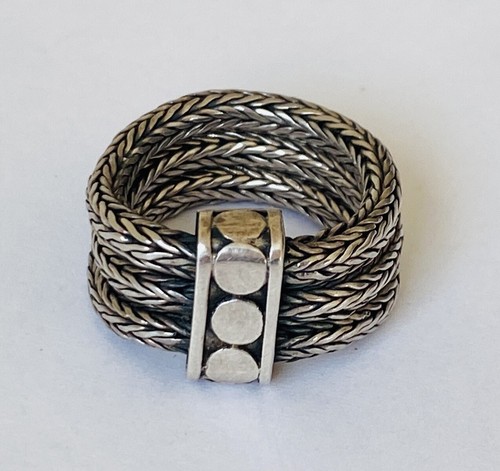 VINTAGE STERLING SILVER SIGNED BALI DOT THREE ROW WHEAT CHAIN BAND RING SIZE 8
