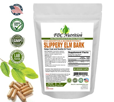 SLIPPERY ELM BARK EXTRACT Capsules 1000mg Helps Soothe The Throat Cough 60 Cap