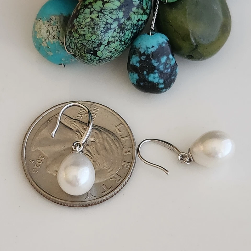 Natural White Oval Pearl  Hook Drop 7/8" Earrings in 925 Solid Sterling Silver - Image 3 of 4