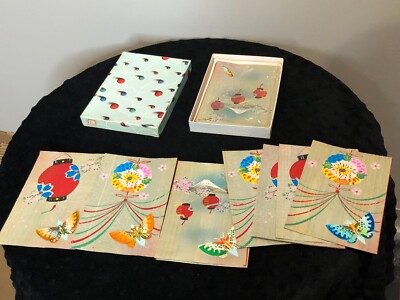 Vintage Japan Wood Grain Paper Butterfly Lock Stationary Cards w/ Envelopes