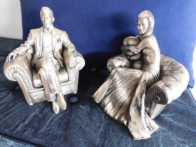 Vintage 1997 Laminated Silver Deco Gatsby Pair Figurines Vittorio Tessaro Italy