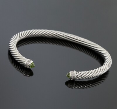 David Yurman 5mm Cable Classics Bracelet Green Peridot Diamond Sterling Silver