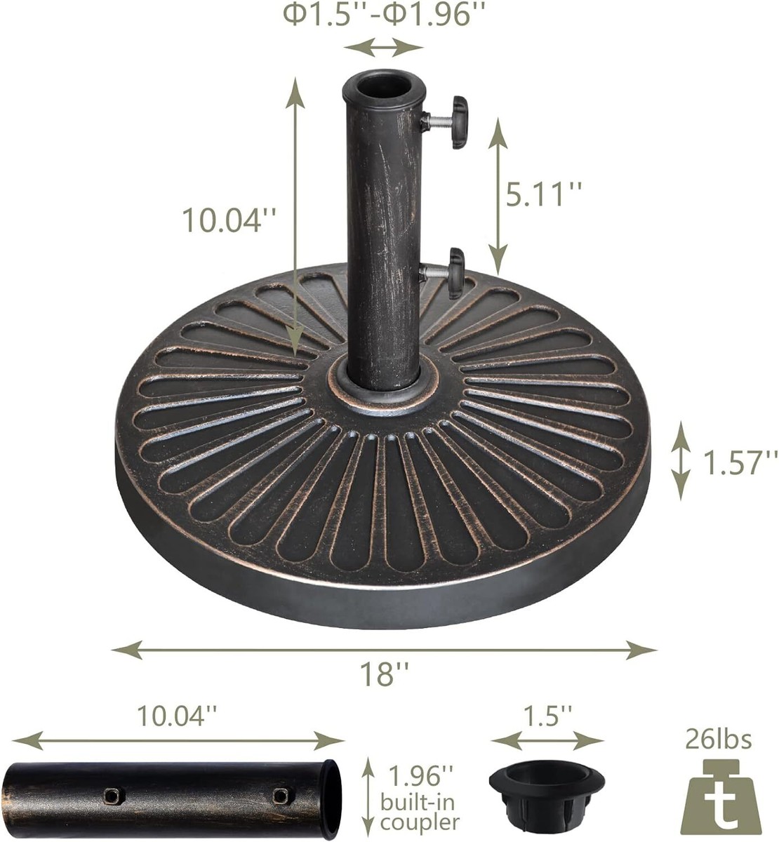 EliteShade USA Umbrella Base Stand Market Patio Outdoor Heavy Duty Umbrella Holder With Concave Radial Pattern,Black - Durable Cast Resin, Adjustable Piston, Decorative Design, For φ1.5′ - 1.96′ Poles -