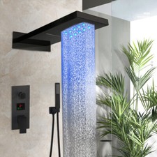 Black Rainfall Shower Faucet Set LED Rectangle Head Mixer Valve Hand Sprayer Tap