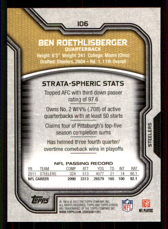 2012 Topps Strata #106 Ben Roethlisberger - Image 2 of 2