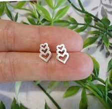 Stainless Steel Stud Earrings, Stacked Hearts, Small Silver Heart Posts 10mm