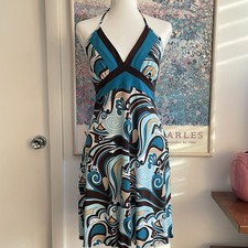 Vintage Y2K La Belle Halter Dress Sz M V-Neck Turquoise Brown Paisley Fairy Boho