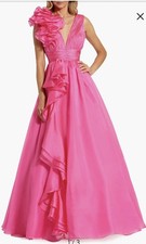Mac Duggal Deep V-Neck Sleeveless Ruffled Shoulder Ball Gown,sz 16,New,hot Pink