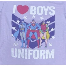NWOT Batman, Robin, & Superman I Heart Boys in Uniform Junk Food TShirt Small xs
