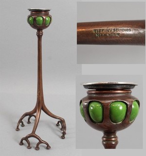 Antique TIFFANY STUDIOS New York Bronze & Blown Glass Biomorphic Candlestick