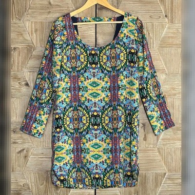 Chelsea & Violet Mosaic Tile Print Shift Dress Blue & Yellow Size Medium  Boho | eBay