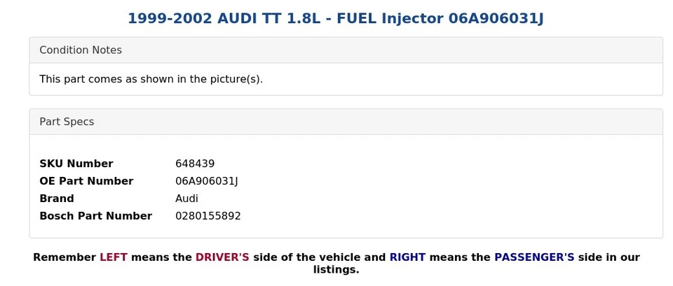 AUDI TT 1999-2002 1,8 L - Inyector de combustible 06A906031J Foto 3 de 4
