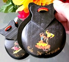 Spanish Castanets Dancers Bull Fighter Instruments Wood Handpainted 2 Pair vtg