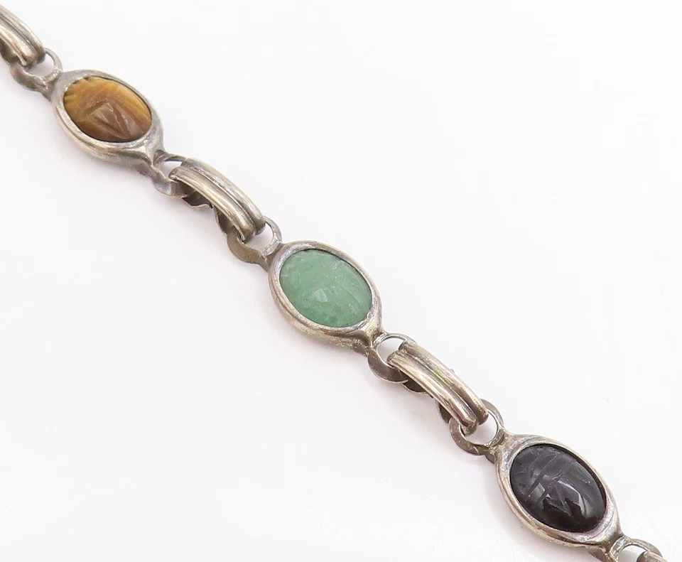 Pulsera de plata de ley 925 vintage cabujón cadena de eslabones de múltiples piedras preciosas BT11457 Foto 4 de 4