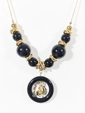 Retro Black Bead Star Charm Gold Tone Long Chain Statement Neckalce 30"