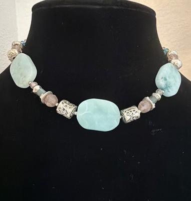 Necklace Handcrafted Larimar Gemstone. Glass And Silver-toned Accents. 15 