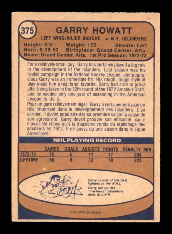 1974 O-Pee-Chee NHL #375 Garry Howatt RC EX/EX+ X3537648 - Image 2 of 3