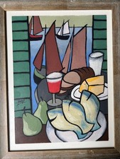 Irish Art Gouache Painting fish,boats,fruit,bread & wine signed Markey Robinson