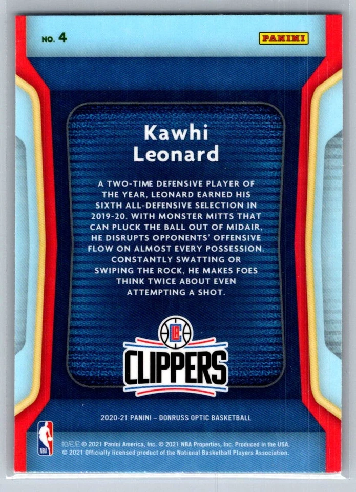 2020-21 Donruss Optic #4 Kawhi Leonard Air Defense - Image 2 of 2