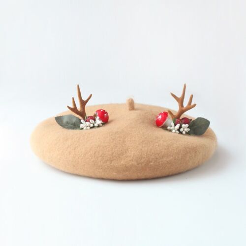 Deer wool blend beret moose reindeer antlers women's hat handmade Christmas gift - Picture 1 of 10