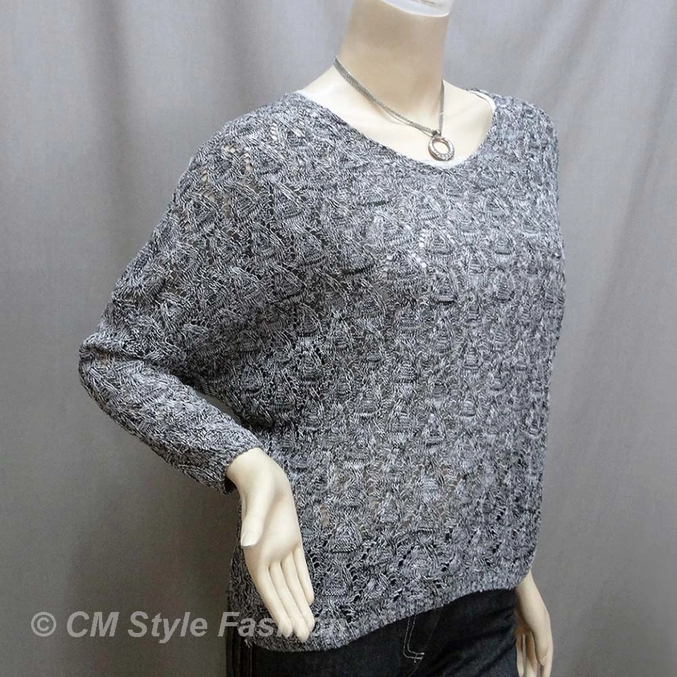 Suéter Pullover Top Tejido Ojales Crochet Gris Blanco M Foto 3 de 4
