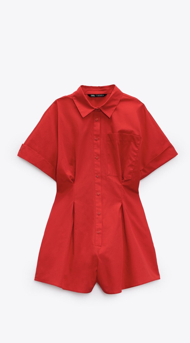 NWT Zara Poplin Short Jumpsuit Romper Sleeve Size Small Red Fitted