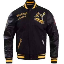 Black Wool  Leather Pittsburgh Steelers Varsity Jacket - Vintage Letterman Bomb