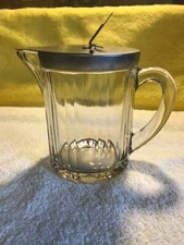Antique Ribbed Clear Glass Syrup Cream Pitcher Tin Metal Spring Loaded Lid 5"